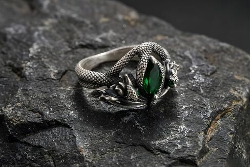 Aragorn Style Silver Plated Serpent Ring, Medieval Fantasy Ring with Green Marquise Stone, Stainless Steel Mythological Snake Jewelry, Antique Finish Statement Gift for Men and Women in Kuwait