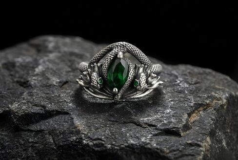 Aragorn Style Silver Plated Serpent Ring, Medieval Fantasy Ring with Green Marquise Stone, Stainless Steel Mythological Snake Jewelry, Antique Finish Statement Gift for Men and Women in Kuwait
