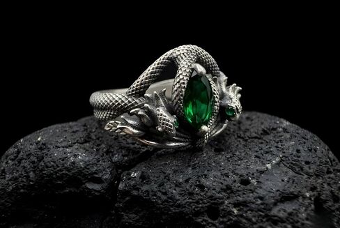 Aragorn Style Silver Plated Serpent Ring, Medieval Fantasy Ring with Green Marquise Stone, Stainless Steel Mythological Snake Jewelry, Antique Finish Statement Gift for Men and Women in Kuwait