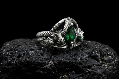 Aragorn Style Silver Plated Serpent Ring, Medieval Fantasy Ring with Green Marquise Stone, Stainless Steel Mythological Snake Jewelry, Antique Finish Statement Gift for Men and Women in Kuwait