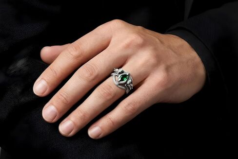 Aragorn Style Silver Plated Serpent Ring, Medieval Fantasy Ring with Green Marquise Stone, Stainless Steel Mythological Snake Jewelry, Antique Finish Statement Gift for Men and Women in Kuwait
