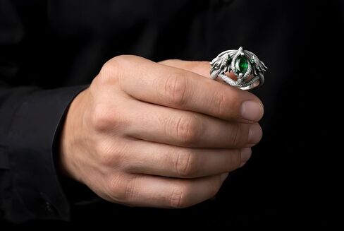 Aragorn Style Silver Plated Serpent Ring, Medieval Fantasy Ring with Green Marquise Stone, Stainless Steel Mythological Snake Jewelry, Antique Finish Statement Gift for Men and Women in Kuwait