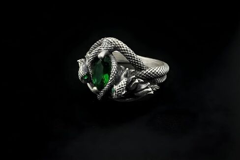 Aragorn Style Silver Plated Serpent Ring, Medieval Fantasy Ring with Green Marquise Stone, Stainless Steel Mythological Snake Jewelry, Antique Finish Statement Gift for Men and Women in Kuwait