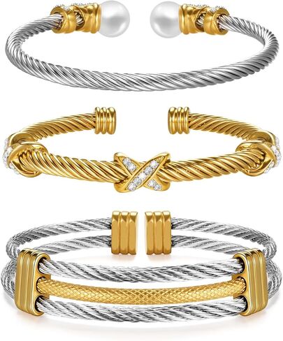 Gold Stainless Steel Twisted Cable Bangle Bracelet Set for Women, Open Cuff Bracelet Stackable Trendy Fashion Accessories Jewelry Gift in Kuwait