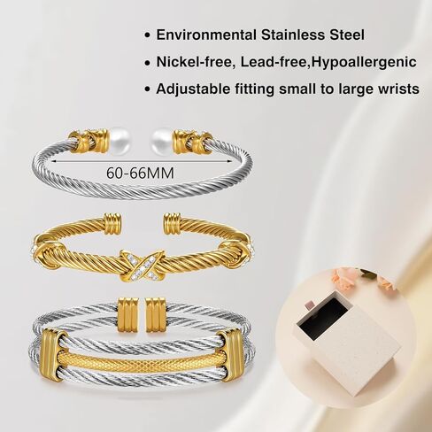 Gold Stainless Steel Twisted Cable Bangle Bracelet Set for Women, Open Cuff Bracelet Stackable Trendy Fashion Accessories Jewelry Gift in Kuwait