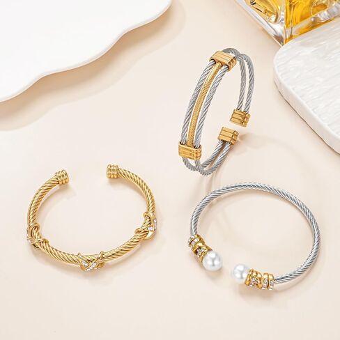 Gold Stainless Steel Twisted Cable Bangle Bracelet Set for Women, Open Cuff Bracelet Stackable Trendy Fashion Accessories Jewelry Gift in Kuwait
