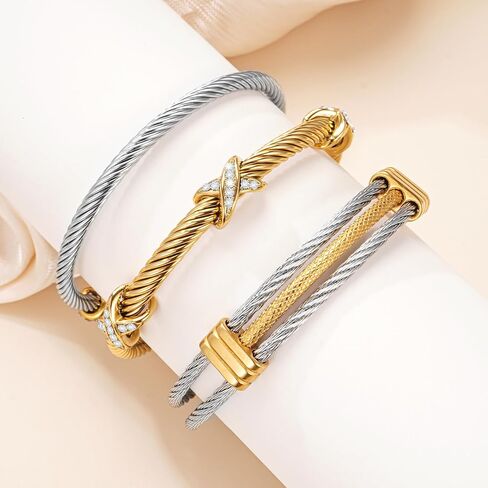 Gold Stainless Steel Twisted Cable Bangle Bracelet Set for Women, Open Cuff Bracelet Stackable Trendy Fashion Accessories Jewelry Gift in Kuwait