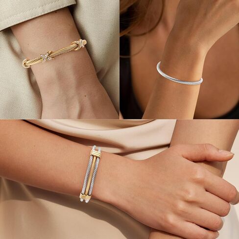 Gold Stainless Steel Twisted Cable Bangle Bracelet Set for Women, Open Cuff Bracelet Stackable Trendy Fashion Accessories Jewelry Gift in Kuwait