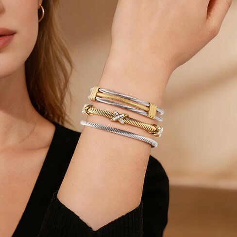 Gold Stainless Steel Twisted Cable Bangle Bracelet Set for Women, Open Cuff Bracelet Stackable Trendy Fashion Accessories Jewelry Gift in Kuwait