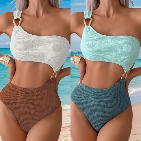 Textured One Shoulder Cutout Bikini Set for Women, High Waist Two Tone Swimsuit with Ring Detail, Summer Beachwear in Saudi Arabia