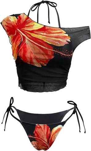 Verdusa Women's 3 Piece Boho Floral Halter Bikini Set Cheeky Swimsuits with Cover Up Top Hawaiian Outfits in Saudi Arabia