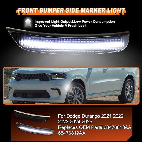 مصابيح LED للصدمات الأمامية من Durango لسيارات Dodge Durango 2021 2022 2023 2024 2025 علامات جانبية، عدسات مدخنة مصابيح مؤشر LED بيضاء كاملة قطعتين، يستبدل # 68476818AA (LED أبيض) in Kuwait