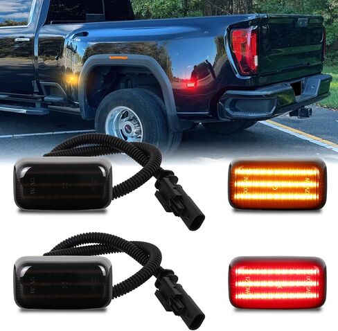 LED Dually Fender Side Marker Lights For 2015-2025 Chevy Silverado GMC Sierra 2500HD 3500HD 3-rows Amber & Red Dual Rear Wheel Truck Bed Marker Lamps, Smoked Lens 4PCS in Kuwait