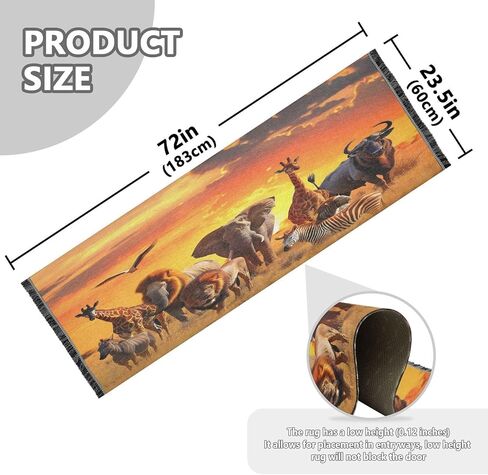 senya Runner Rug for Hallway, Bedroom, Living Room, Kitchen - African Animals Elephant Rhino Giraffe - Multi Color - 72x23.5 inches in Saudi Arabia