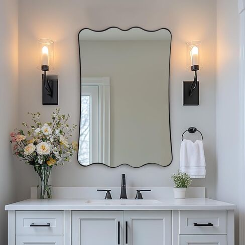 ANDY STAR 24x36 Wavy Rectangle Bathroom Mirror, Matte Black Scalloped Mirror with Curved Design, Irregular Wall Mirror for Vanity, Powder Room, Wall Decor, Stainless Steel Frame, Anti-Rust in Kuwait