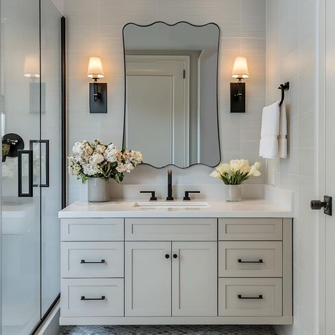 ANDY STAR 24x36 Wavy Rectangle Bathroom Mirror, Matte Black Scalloped Mirror with Curved Design, Irregular Wall Mirror for Vanity, Powder Room, Wall Decor, Stainless Steel Frame, Anti-Rust in Kuwait