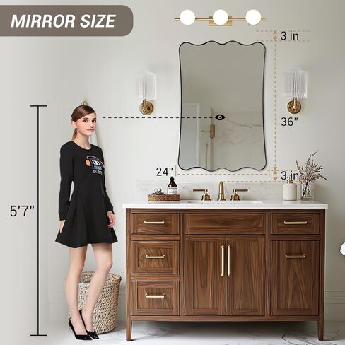 ANDY STAR 24x36 Wavy Rectangle Bathroom Mirror, Matte Black Scalloped Mirror with Curved Design, Irregular Wall Mirror for Vanity, Powder Room, Wall Decor, Stainless Steel Frame, Anti-Rust in Kuwait