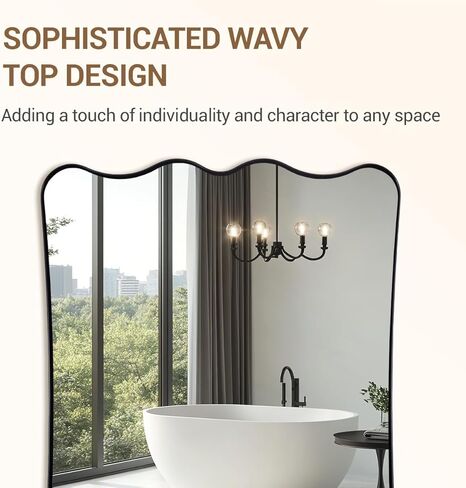 ANDY STAR 24x36 Wavy Rectangle Bathroom Mirror, Matte Black Scalloped Mirror with Curved Design, Irregular Wall Mirror for Vanity, Powder Room, Wall Decor, Stainless Steel Frame, Anti-Rust in Kuwait