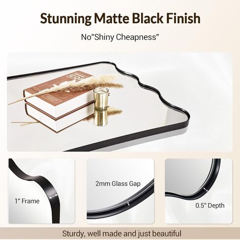 ANDY STAR 24x36 Wavy Rectangle Bathroom Mirror, Matte Black Scalloped Mirror with Curved Design, Irregular Wall Mirror for Vanity, Powder Room, Wall Decor, Stainless Steel Frame, Anti-Rust in Kuwait