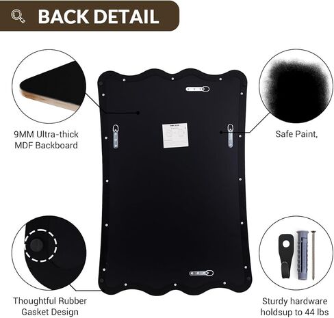 ANDY STAR 24x36 Wavy Rectangle Bathroom Mirror, Matte Black Scalloped Mirror with Curved Design, Irregular Wall Mirror for Vanity, Powder Room, Wall Decor, Stainless Steel Frame, Anti-Rust in Kuwait