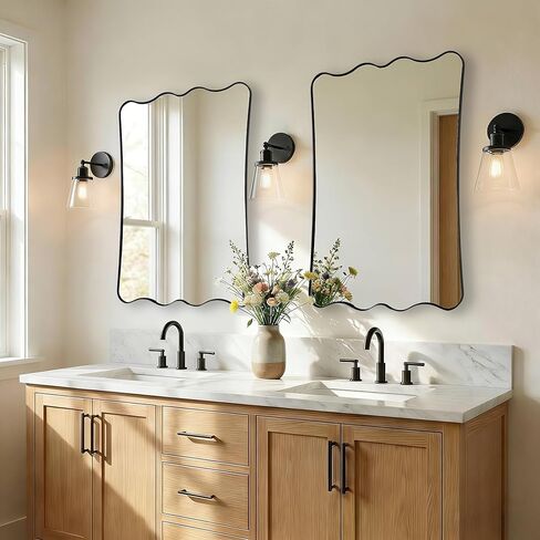 ANDY STAR 24x36 Wavy Rectangle Bathroom Mirror, Matte Black Scalloped Mirror with Curved Design, Irregular Wall Mirror for Vanity, Powder Room, Wall Decor, Stainless Steel Frame, Anti-Rust in Kuwait