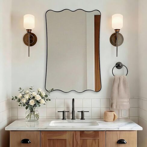 ANDY STAR 24x36 Wavy Rectangle Bathroom Mirror, Matte Black Scalloped Mirror with Curved Design, Irregular Wall Mirror for Vanity, Powder Room, Wall Decor, Stainless Steel Frame, Anti-Rust in Kuwait