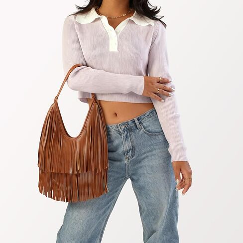 حقيبة كتف جلدية صغيرة بشراشيب ومحافظ هوبو للنساء حقائب كروس كلاسيكية حقيبة يد شرابة غربية in Kuwait