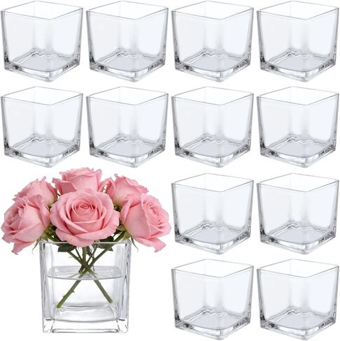 12 Pack 3 x 3 x 3 Inch Square Glass Vases, Clear Square Vases for Centerpieces, Glass Cube Flower Vases Short Vases for Candle Holder Events Wedding Party Home Decoration in Kuwait