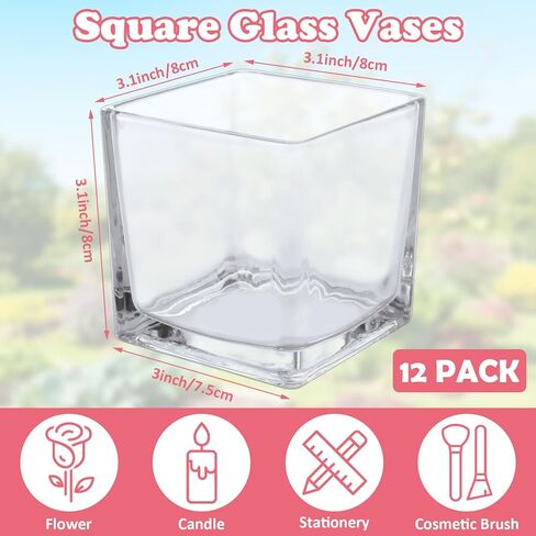 12 Pack 3 x 3 x 3 Inch Square Glass Vases, Clear Square Vases for Centerpieces, Glass Cube Flower Vases Short Vases for Candle Holder Events Wedding Party Home Decoration in Kuwait