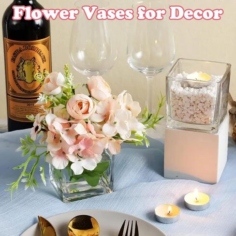 12 Pack 3 x 3 x 3 Inch Square Glass Vases, Clear Square Vases for Centerpieces, Glass Cube Flower Vases Short Vases for Candle Holder Events Wedding Party Home Decoration in Kuwait