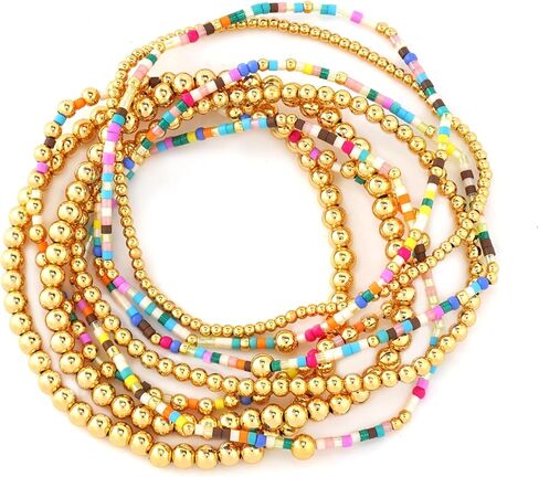 8PCS Colorful Gold Beaded Bracelets for Women Handmade Boho Stretch Stackable Colorful Gold Plated Ball Seed Beads Bracelet Stack Trendy Jewelry Set Prom Friendship Gift in Kuwait