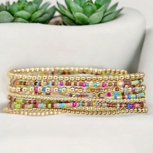 8PCS Colorful Gold Beaded Bracelets for Women Handmade Boho Stretch Stackable Colorful Gold Plated Ball Seed Beads Bracelet Stack Trendy Jewelry Set Prom Friendship Gift in Kuwait