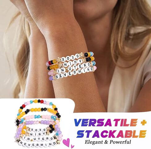 AICase for Nirvana Merch Gifts Inspired Bracelets 4 Pcs Stackable Stretch Beaded Friendship Bracelets Concert Outfit Vinyl Poster Sticker Merchandise Gifts for Fans Women Birthday Christmas in Saudi Arabia