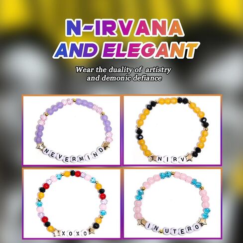 AICase for Nirvana Merch Gifts Inspired Bracelets 4 Pcs Stackable Stretch Beaded Friendship Bracelets Concert Outfit Vinyl Poster Sticker Merchandise Gifts for Fans Women Birthday Christmas in Saudi Arabia