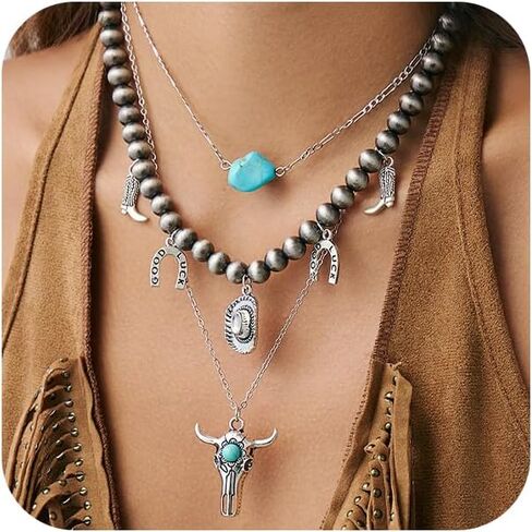Layered Choker Beaded Chain Necklaces for Cowgirl Women, Charm Western Outfits Jewelry Accessories Vintage Turquoise Cow Heads Boot Pendant Necklace in Saudi Arabia