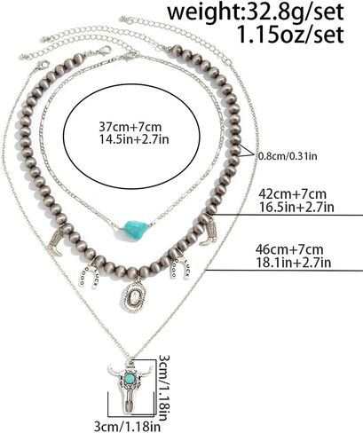 Layered Choker Beaded Chain Necklaces for Cowgirl Women, Charm Western Outfits Jewelry Accessories Vintage Turquoise Cow Heads Boot Pendant Necklace in Saudi Arabia