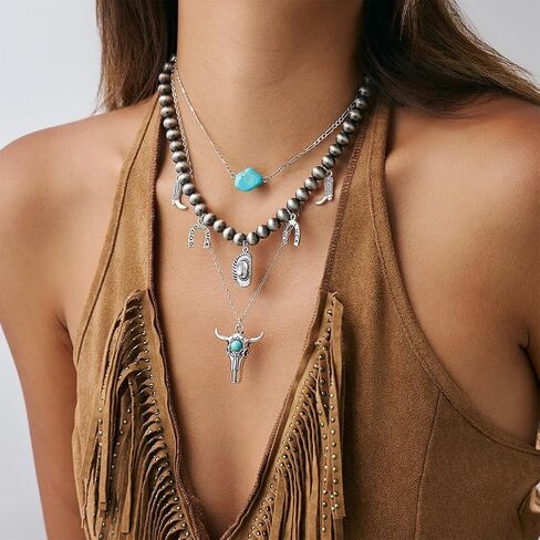 Layered Choker Beaded Chain Necklaces for Cowgirl Women, Charm Western Outfits Jewelry Accessories Vintage Turquoise Cow Heads Boot Pendant Necklace in Saudi Arabia
