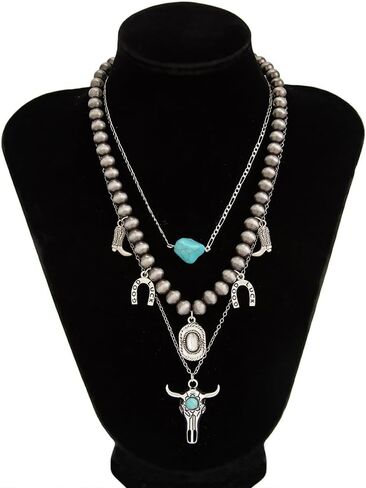 Layered Choker Beaded Chain Necklaces for Cowgirl Women, Charm Western Outfits Jewelry Accessories Vintage Turquoise Cow Heads Boot Pendant Necklace in Saudi Arabia