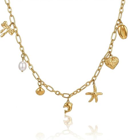 RINHOO Gold Charm Necklace for Women - Paperclip Chain Summer Beach Ocean Theme Jewelry with Starfish Shell Pearl Dolphin Pendants 18K Gold Plated Boho Vacation Necklaces Y2K Coastal Gifts in Kuwait