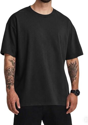 Men's Fashion Oversized T-Shirts Short Sleeve Loose Fit Drop Shoulder Crewneck Casual Tee Tops in Saudi Arabia