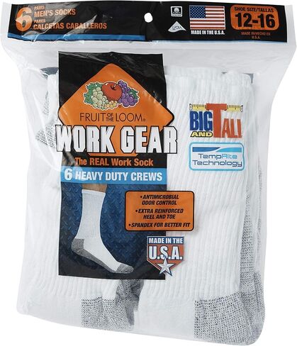 Fruit of the Loom Men's 6 Pack Work Gear Crew Socks (6-12 Shoe / 10-13 Sock, White) in Saudi Arabia