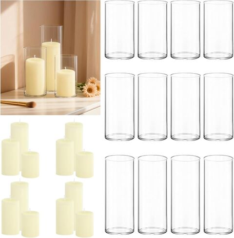 24-Piece Set Includes Ivory Pillar Candles (2"X3, 4, 6) And Glass Cylinder Vases (2.6"X5, 6, 8)，Hurricane Candles, They Are Perfectly Sized To Serve As Centerpieces On Wedding Reception Tables. in Saudi Arabia