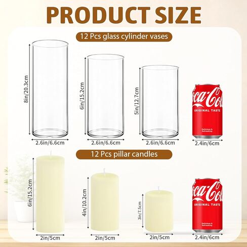 24-Piece Set Includes Ivory Pillar Candles (2"X3, 4, 6) And Glass Cylinder Vases (2.6"X5, 6, 8)，Hurricane Candles, They Are Perfectly Sized To Serve As Centerpieces On Wedding Reception Tables. in Saudi Arabia