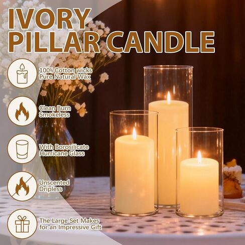 24-Piece Set Includes Ivory Pillar Candles (2"X3, 4, 6) And Glass Cylinder Vases (2.6"X5, 6, 8)，Hurricane Candles, They Are Perfectly Sized To Serve As Centerpieces On Wedding Reception Tables. in Saudi Arabia