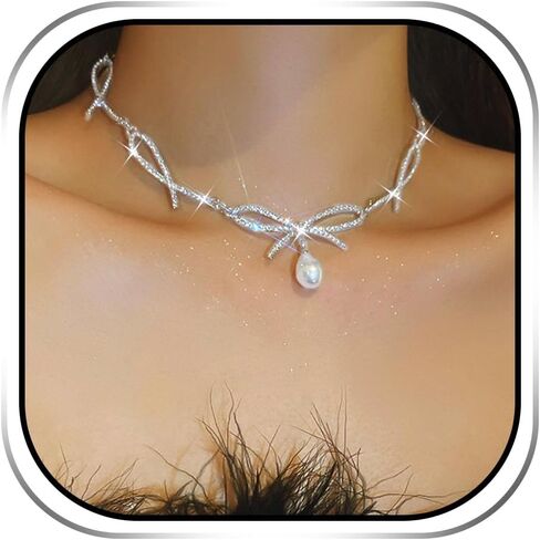 JEAIRTS Crystal Bow Choker Necklace with Pearl Pendant Silver Rhinestone Prom Jewelry for Women in Saudi Arabia