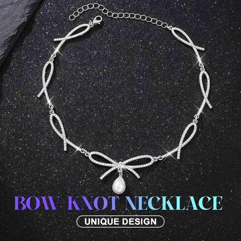 JEAIRTS Crystal Bow Choker Necklace with Pearl Pendant Silver Rhinestone Prom Jewelry for Women in Saudi Arabia