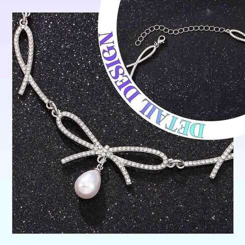 JEAIRTS Crystal Bow Choker Necklace with Pearl Pendant Silver Rhinestone Prom Jewelry for Women in Saudi Arabia