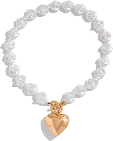 Pearl Heart Statement Necklace for Women,Gold Chunky Puffy Heart OT Toggle Choker Necklace,Vintage Pearls Beaded Short Necklaces in Saudi Arabia