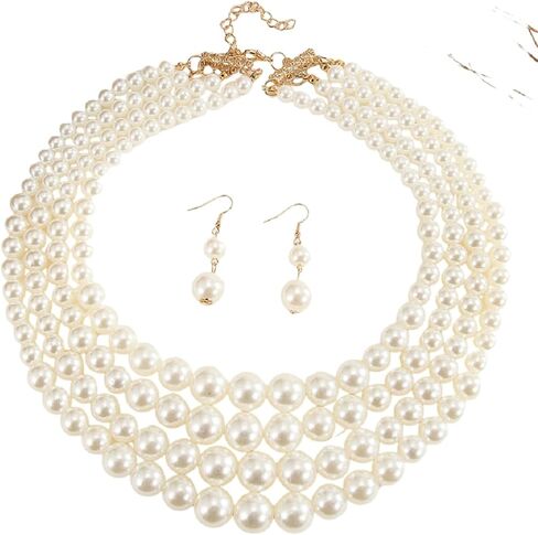 Multilayer Imitation Pearl Beaded Necklaces Earrings Set Handmade Multicolor Chunky Simulated Pearl Choker Necklace for Women Brides Bridesmade Wedding Party Daily Wear Jewelry Gifts in Saudi Arabia