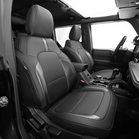 أغطية مقاعد سيارة Ford Bronco مخصصة تناسب 2021-2026، غطاء مقعد السيارة من الجلد الصناعي المقاوم للاهتراء، مجموعة كاملة مع حامل أكواب خلفي، مناسب لسيارة Ford Bronco ذات 4 أبواب SUV (ألياف الكربون السوداء) in Kuwait